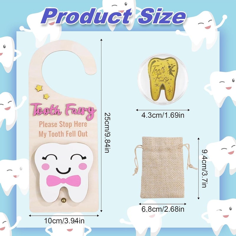 ZingFsh Tooth Fairy Tooth Holder，Tooth Fairy Door Hanger with Money Slot, Gold Coins and Cute Bags，Tooth Fairy Gifts for Girls Boys, First Milk Teeth Loss Tooth Fairy Pouch (Pink) - Image 2